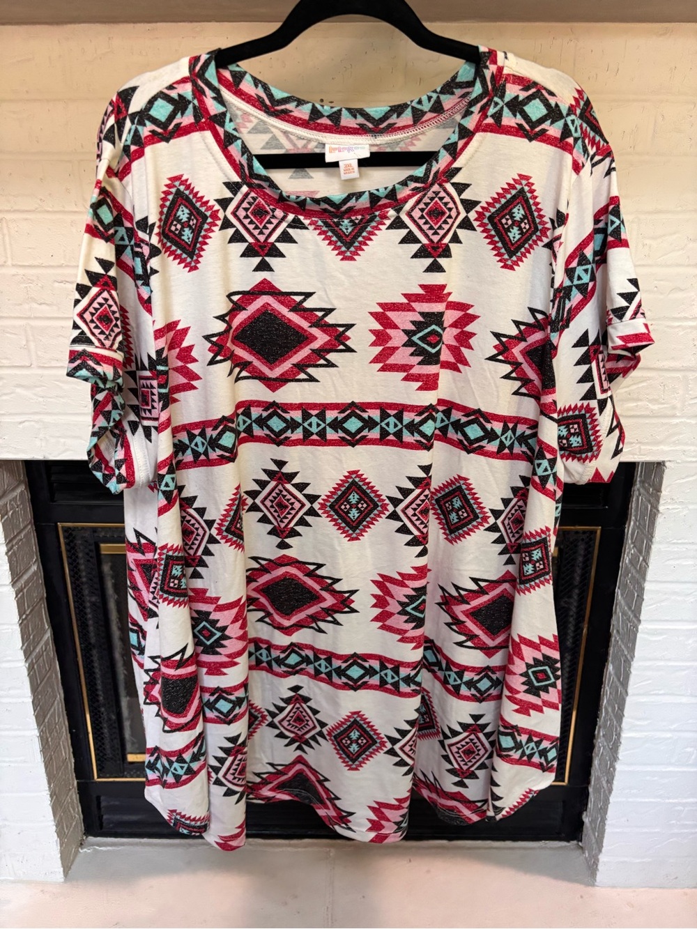LuLaRoe White Tunic with Pink & Teal Aztec Print